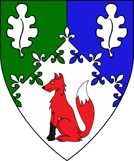 Per chevron flory counter flory per pale vert and azure and argent, two oak leaves argent and a fox sejant proper.